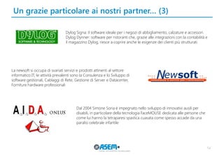 Un grazie particolare ai nostri partner… (3) 
54 
Dylog Signa: il software ideale per i negozi di abbigliamento, calzature e accessori. Dylog Dynner: software per ristoranti che, grazie alle integrazioni con la contabilità e il magazzino Dylog, riesce a coprire anche le esigenze dei clienti più strutturati. 
La newsoft si occupa di svariati servizi e prodotti attinenti al settore informatico IT, le attività prevalenti sono la Consulenza e lo Sviluppo di software gestionali, Cablaggi di Rete, Gestione di Server e Datacenter, Forniture hardware professionali 
Dal 2004 Simone Soria è impegnato nello sviluppo di innovativi ausili per disabili, in particolare della tecnologia FaceMOUSE dedicata alle persone che come lui hanno la tetraparesi spastica cuasata come spesso accade da una paralisi celebrale infantile  