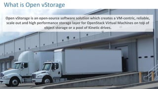 What is Open vStorage
Open vStorage is an open-source software solution which creates a VM-centric, reliable,
scale out and high performance storage layer for OpenStack Virtual Machines on top of
object storage or a pool of Kinetic drives.
 