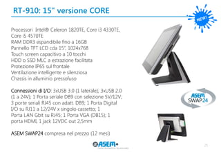 RT-910: 15’’ versione CORE
25
Processori Intel® Celeron 1820TE, Core i3 4330TE,
Core i5 4570TE
RAM DDR3 espandibile fino a 16GB
Pannello TFT LCD cda 15”, 1024x768
Touch screen capacitivo a 10 tocchi
HDD o SSD MLC a estrazione facilitata
Protezione IP65 sul frontale
Ventilazione intelligente e silenziosa
Chassis in alluminio pressofuso
Connessioni di I/O: 3xUSB 3.0 (1 laterale); 3xUSB 2.0
(1 a 24V); 1 Porta seriale DB9 con selezione 5V/12V;
3 porte seriali RJ45 con adatt. DB9; 1 Porta Digital
I/O su RJ11 a 12/24V x singolo cassetto; 1
Porta LAN Gbit su RJ45; 1 Porta VGA (DB15); 1
porta HDMI, 1 jack 12VDC out 2,5mm
ASEM SWAP24 compresa nel prezzo (12 mesi)
 