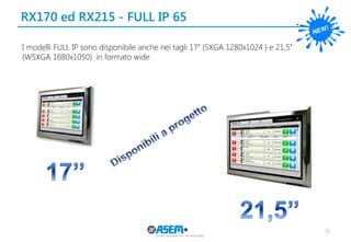 36
RX170 ed RX215 - FULL IP 65
I modelli FULL IP sono disponibile anche nei tagli 17’’ (SXGA 1280x1024 ) e 21,5’’
(WSXGA 1680x1050) in formato wide
 