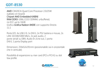 GDT-8530
58
AMD CX420CA Quad Core Processor 2.0/25W
(saldato on-board)
Chipset AMD Embedded KABINI
RAM DDR3-1066 /1333 SDRAM, unbuffered,
no ECC up to 16GB
Grafica Grafica Radeon 8400E con supporto Directx
11.1
Porte I/O: 4x USB 2.0, 1x DVI-I, 2x PS2 tastiera e mouse, 2x
LAN 10/100/1000 Mb/s, 2x jack audio, 2
porte seriali su DB9, Audio In /Line out, 1 porta
DVI-I, 1 porta Display port
Dimensioni: 250x52x191mm (posizionabile sia in orizzontale
che in verticale)
Possibilità di espansione su riser card (PCI o PCI-E) su slot
low profile
 