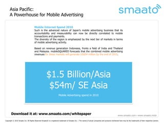 Asia Pacific:
      A Powerhouse for Mobile Advertising

                                       Mobile Internet Spend 2010
                                       Such is the advanced nature of Japan’s mobile advertising business that its
                                       accountability and measurability can now be directly correlated to mobile
                                       transactions and payments.
                                       The diversity of the region is emphasized by the next tier of markets in terms
                                       of mobile advertising activity.

                                       Based on revenue generation Indonesia, fronts a field of India and Thailand
                                       and Malaysia. mobileSQUARED forecasts that the combined mobile advertising
                                       revenues for these markets will generate US$54 million by the end of 2010.




                                                       $1.5 Billion/Asia
                                                        $54m/ SE Asia
                                                                       Mobile Advertising spend in 2010




       Download it at: www.smaato.com/whitepaper                                                                                                       www.smaato.com ▪ www.smaato.mobi

Copyright © 2010 Smaato Inc. All Rights Reserved Smaato® is a registered trademark of Smaato Inc. | The names of actual companies and products mentioned here may be the trademarks of their respective owners.
 