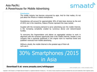 Asia Pacific:
      A Powerhouse for Mobile Advertising
                                       Conclusion
                                       The mobile industry has become consumed by apps. And for that matter, it’s not
                                       just about the iPhone or indeed smartphones.

                                       Smartphones will account for approximately 30% of total Asian devices by the end
                                       of 2015, but in the meantime, Feature Phones represent the mass market.

                                       Coupled with the increasing demand to serve advertising over the mobile Internet,
                                       is the increasing complexity created by numerous device and network-based
                                       hurdles.

                                       To overcome this fragmentation and deliver an aggregated solution to work in
                                       alignment with the immense opportunity that is the mobile Internet, Smaato is one
                                       company that is perfectly positioned in the engine room to maximize brand and
                                       publisher revenues from mobile advertising.

                                       Without a doubt, the mobile Internet is the greatest app of them all.
                                       Let’s use it.




                                    30% Smartphones /2015
                                           in Asia
       Download it at: www.smaato.com/whitepaper                                                                                                       www.smaato.com ▪ www.smaato.mobi

Copyright © 2010 Smaato Inc. All Rights Reserved Smaato® is a registered trademark of Smaato Inc. | The names of actual companies and products mentioned here may be the trademarks of their respective owners.
 