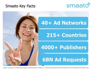 Smaato Key Facts



                                                                                            40+ Ad Networks

                                                                                                        215+ Countries

                                                                                           4000+ Publishers

                                                                                              6BN Ad Requests
                                                                                                                                                       www.smaato.com ▪ www.smaato.mobi

Copyright © 2010 Smaato Inc. All Rights Reserved Smaato® is a registered trademark of Smaato Inc. | The names of actual companies and products mentioned here may be the trademarks of their respective owners.
 