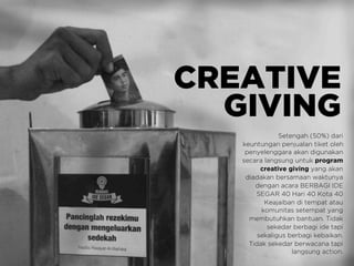 Setengah (50%) dari
keuntungan penjualan tiket oleh
penyelenggara akan digunakan
secara langsung untuk program
creative giving yang akan
diadakan bersamaan waktunya
dengan acara BERBAGI IDE
SEGAR 40 Hari 40 Kota 40
Keajaiban di tempat atau
komunitas setempat yang
membutuhkan bantuan. Tidak
sekedar berbagi ide tapi
sekaligus berbagi kebaikan.
Tidak sekedar berwacana tapi
langsung action.
CREATIVE
GIVING
 
