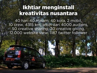 Ikhtiar menginstall
kreativitas nusantara
40 hari 40 malam, 40 kota, 2 mobil,
10 crew, 4315 km, lebih dari 4000 audiens,
50 creative sharing, 30 creative giving,
12.000 website view, 1187 twitter follower
 
