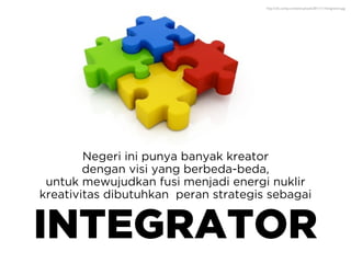 Negeri ini punya banyak kreator
dengan visi yang berbeda-beda,
untuk mewujudkan fusi menjadi energi nuklir
kreativitas dibutuhkan peran strategis sebagai
INTEGRATOR
http://z3c.co/wp-content/uploads/2011/11/Integration.jpg
 