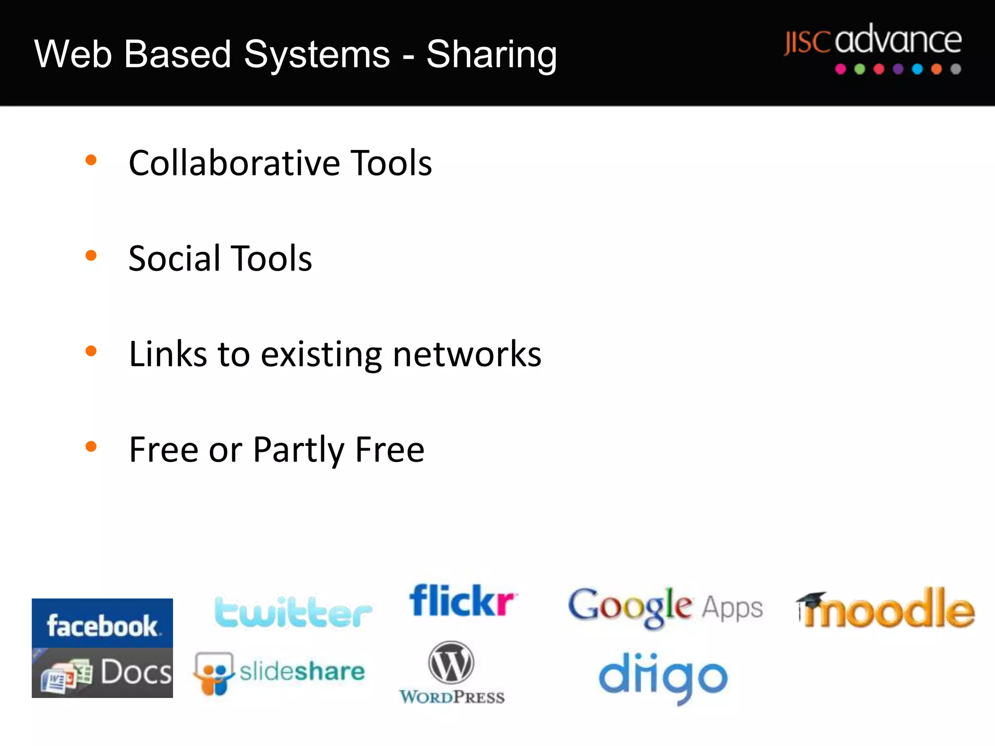 Web Based Systems - Sharing

  • Collaborative Tools

  • Social Tools

  • Links to existing networks

  • Free or Partly Free
 