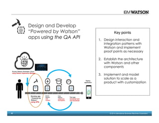 42 © 2014 International Business Machines Corporation
Design and Develop
“Powered by Watson”
apps using the QA API 1. Design interaction and
integration patterns with
Watson and implement
proof points as necessary
2. Establish the architecture
with Watson and other
components
3. Implement and model
solution to scale as a
product with customization
Key points
Access Watson Developer Cloud
using Watson Experience Manager
Develop app
“Powered by
Watson”
using APIs
Enrich
Watson
with
content
Train
Watson
using tools
and experts
Test app
functional and
non-functional
Deploy
application
 