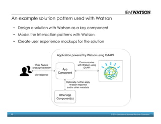 43 © 2014 International Business Machines Corporation
Application powered by Watson using QAAPI
Pose Natural
language question
Communicates
with Watson using
QAAPI
Get response
Optionally, further apply
Watson response
and/or other metadata
An example solution pattern used with Watson
• Design a solution with Watson as a key component
• Model the interaction patterns with Watson
• Create user experience mockups for the solution
 