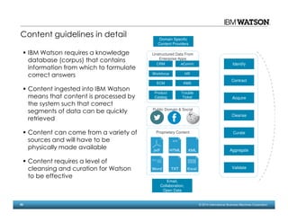 52 © 2014 International Business Machines Corporation
Content guidelines in detail
IBM Watson requires a knowledge
database (corpus) that contains
information from which to formulate
correct answers
Content ingested into IBM Watson
means that content is processed by
the system such that correct
segments of data can be quickly
retrieved
Content can come from a variety of
sources and will have to be
physically made available
Content requires a level of
cleansing and curation for Watson
to be effective
Proprietary Content
Acquire
Cleanse
Curate
Aggregate
Contract
Identify
Public Domain & Social
Validate
Unstructured Data From
Enterprise Apps
CRM eComm
Workforce HR
Product
Catalog
Trouble
Ticket
Domain Specific
Content Providers
Email,
Collaboration,
Open Data
ECM KMS
 