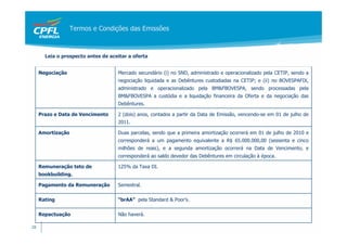 Termos e Condições das Emissões



       Leia o prospecto antes de aceitar a oferta


     Negociação                     Mercado secundário (i) no SND, administrado e operacionalizado pela CETIP, sendo a
                                    negociação liquidada e as Debêntures custodiadas na CETIP; e (ii) no BOVESPAFIX,
                                    administrado e operacionalizado pela BM&FBOVESPA, sendo processadas pela
                                    BM&FBOVESPA a custódia e a liquidação financeira da Oferta e da negociação das
                                    Debêntures.

     Prazo e Data de Vencimento     2 (dois) anos, contados a partir da Data de Emissão, vencendo-se em 01 de julho de
                                    2011.

     Amortização                    Duas parcelas, sendo que a primeira amortização ocorrerá em 01 de julho de 2010 e
                                    corresponderá a um pagamento equivalente a R$ 65.000.000,00 (sessenta e cinco
                                    milhões de reais), e a segunda amortização ocorrerá na Data de Vencimento, e
                                    corresponderá ao saldo devedor das Debêntures em circulação à época.

     Remuneração teto de            125% da Taxa DI.
     bookbuilding.

     Pagamento da Remuneração       Semestral.

     Rating                         “brAA” pela Standard & Poor’s.

     Repactuação                    Não haverá.

28
 