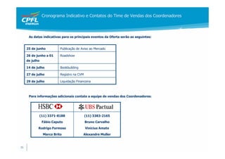 Cronograma Indicativo e Contatos do Time de Vendas dos Coordenadores



      As datas indicativas para os principais eventos da Oferta serão as seguintes:


     25 de junho          Publicação de Aviso ao Mercado

     26 de junho a 01     Roadshow
     de julho

     14 de julho          Bookbuilding

     27 de julho          Registro na CVM

     29 de julho          Liquidação Financeira



      Para informações adicionais contate a equipe de vendas dos Coordenadores:




            (11) 3371-8188                  (11) 3383-2165
                Fábio Caputo                Bruno Carvalho
            Rodrigo Formoso                 Vinicius Amato
                Marco Brito              Alexandre Muller



35
 