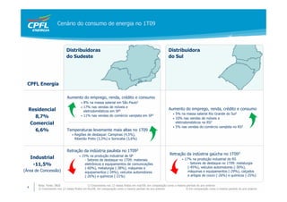 Cenário do consumo de energia no 1T09



                            Distribuidoras                                                              Distribuidora
                            do Sudeste                                                                  do Sul




 CPFL Energia

                             Aumento do emprego, renda, crédito e consumo
                                           • 8% na massa salarial em São Paulo1
                                           • 17% nas vendas de móveis e
  Residencial                                                                                            Aumento do emprego, renda, crédito e consumo
                                             eletrodomésticos em SP2
                                                                                                            • 5% na massa salarial Rio Grande do Sul1
     8,7%                                  • 11% nas vendas do comércio varejista em SP2
                                                                                                            • 10% nas vendas de móveis e
   Comercial                                                                                                  eletrodomésticos no RS2
                                                                                                            • 5% nas vendas do comércio varejista no RS2
     6,6%                    Temperaturas levemente mais altas no 1T09
                                 •   Regiões de destaque: Campinas (4,5%),
                                     Ribeirão Preto (3,3%) e Sorocaba (3,6%)


                             Retração da indústria paulista no 1T093
                                       •   15% na produção industrial de SP
                                                                                                         Retração da indústria gaúcha no 1T093
     Industrial                              - Setores de destaque no 1T09: materiais                              •   17% na produção industrial do RS
      -11,5%                                 eletrônicos e equipamentos de comunicações                                  - Setores de destaque no 1T09: metalurgia
                                             (-60%), metalurgia (-38%), máquinas e                                       (-45%), veículos automotores (-30%),
(Área de Concessão)                          equipamentos (-34%), veículos automotores                                   máquinas e equipamentos (-29%), calçados
                                             (-26%) e químicos (-21%)                                                    e artigos de couro (-26%) e químicos (-25%)

        Nota: Fonte: IBGE                     1) Crescimento nos 12 meses findos em mar/09, em comparação como o mesmo período do ano anterior
 4      2) Crescimento nos 12 meses findos em fev/09, em comparação como o mesmo período do ano anterior              3) Em comparação como o mesmo período do ano anterior
 