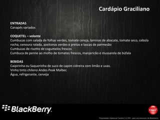 Propriedade intelectual Cenário 2 e DR+, para uso exclusivo da Blackberry
ENTRADAS
Canapés variados
COQUETEL – volante
Cumbucas com salada de folhas verdes, tomate cereja, laminas de abacate, tomate seco, cebola
rocha, cenoura ralada, azeitonas verdes e pretas e lascas de parmesão
Cumbucas de risotto de cogumelos frescos
Cumbuca de penne ao molho de tomates frescos, manjericão e mussarela de búfala
BEBIDAS
Caipirinha ou Saquerinha de suco de capim cidreira com limão e uvas.
Vinho tinto chileno Andes Peak Malbec
Água, refrigerante, cerveja
Cardápio GracilianoCardápio Graciliano
 