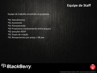 Propriedade intelectual Cenário 2 e DR+, para uso exclusivo da Blackberry
Equipe de StaffEquipe de Staff
Equipe de trabalho envolvida na proposta:
01 Atendimento
01 Assistente
01 Planejamento
02 Produtores (revezamento entre praças)
02 posições RSVP
01 Dupla de criação
01 Recepcionista por praça = 08 pax
 