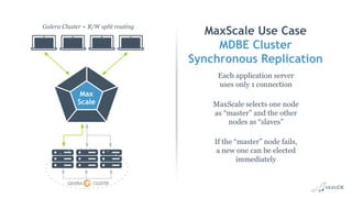 MaxScale Use Case
MDBE Cluster
Synchronous Replication
Each application server
uses only 1 connection
MaxScale selects one node
as “master” and the other
nodes as “slaves”
If the “master” node fails,
a new one can be elected
immediately
Galera Cluster + R/W split routing
Max
Scale
 
