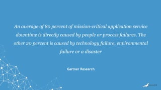 An average of 80 percent of mission-critical application service
downtime is directly caused by people or process failures. The
other 20 percent is caused by technology failure, environmental
failure or a disaster
Gartner Research
 