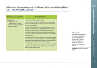 Ministério
da Fazenda
InfraestruturanoBrasil|Março2013InstrumentosdoMercadodeCapitais
Debêntures de Investimento e Certificados de Recebíveis Imobiliários
(CRI) – Art. 1º da Lei 12.431/2011
Benefíciosparaosinvestidores Requisitos Mínimos
*
-
Elaboração:MinistériodaFazendae
BNDES
 