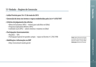 Ministério
da Fazenda
InfraestruturanoBrasil|Março2013
9292
PetróleoeGás
Fonte:AgênciaNacionaldoPetróleo,
GásNaturaleBiocombustível(ANP)e
MinistériodeMinaseEnergia(MME)
Elaboração:MinistériodaFazenda
11ª Rodada – Regime de Concessão
Leilão Previsto para 14 e 15 de maio de 2013
Concessão de áreas nos termos e regras estabelecidas pela Lei nº 9.478/1997
Critérios de julgamento das ofertas:
Bônus de Assinatura (40%) – mínimo para cada bloco no Edital;
Programa Exploratório Mínimo (40%)
Conteúdo Local (20%) – valores mínimos e máximos no Edital
Participações Governamentais:
Royalties – 10%
Participação Especial em grandes campos – regras no Decreto nº 2.705/1998
Habilitação e informações na ANP
http://www.brasil-rounds.gov.br/
 