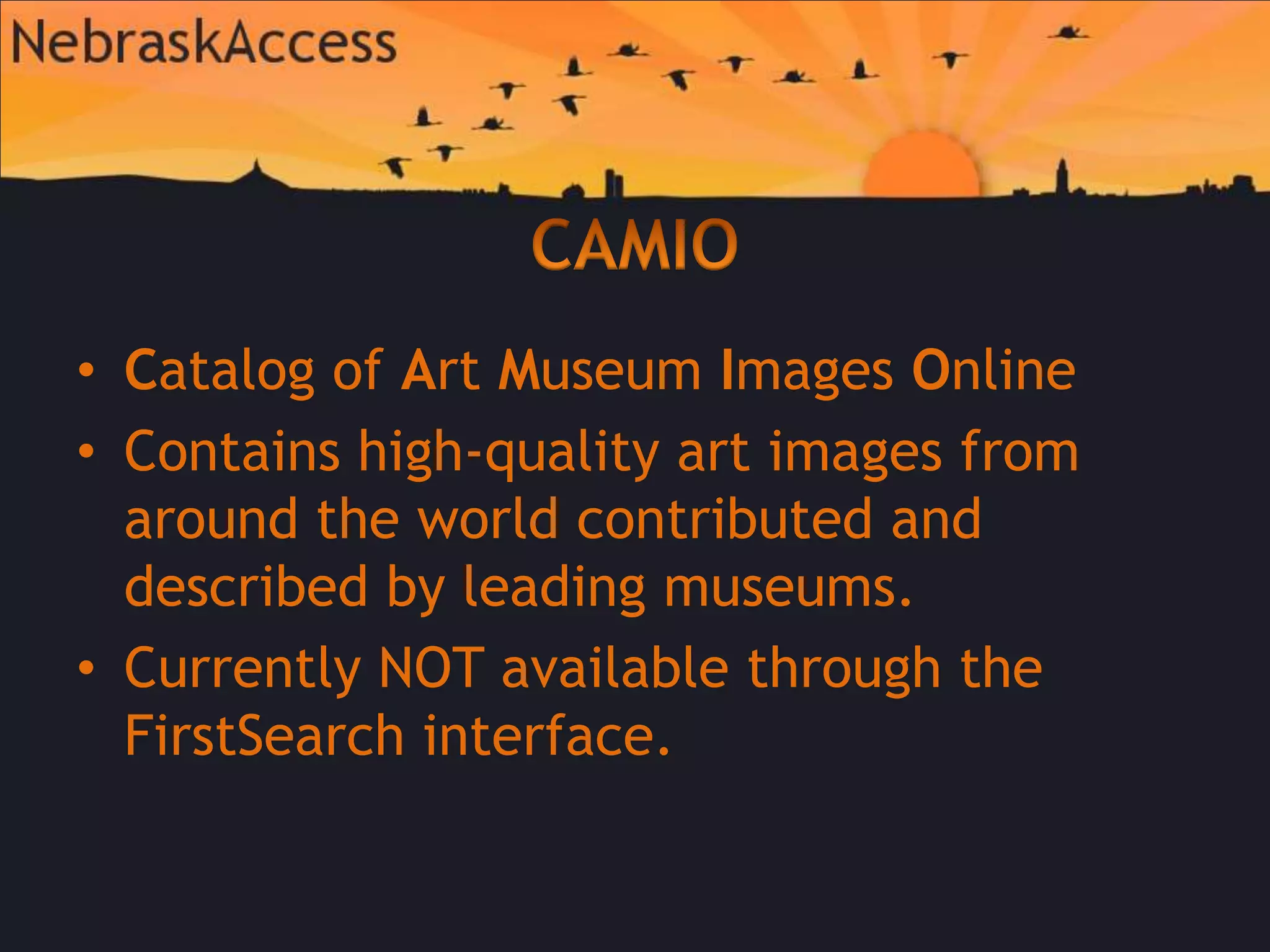 CAMIOCatalog of Art Museum Images OnlineContains high-quality art images from around the world contributed and described by leading museums.Currently NOT available through the FirstSearch interface.