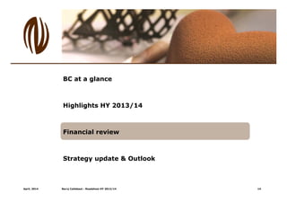 April, 2014 Barry Callebaut - Roadshow HY 2013/14
BC at a glance
Highlights HY 2013/14
Financial review
Strategy update & Outlook
14
 
