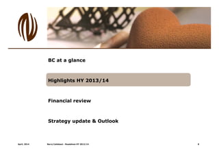 April, 2014 Barry Callebaut - Roadshow HY 2013/14
BC at a glance
Highlights HY 2013/14
Financial review
Strategy update & Outlook
8
 
