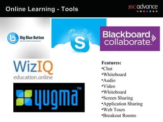 Features:
•Chat
•Whiteboard
•Audio
•Video
•Whiteboard
•Screen Sharing
•Application Sharing
•Web Tours
•Breakout Rooms
 