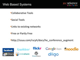Web Based Systems

    •Collaborative Tools

    •Social Tools

    •Links to existing networks

    •Free or Partly Free

    •http://issuu.com/rscyh/docs/he_conference_augment
 