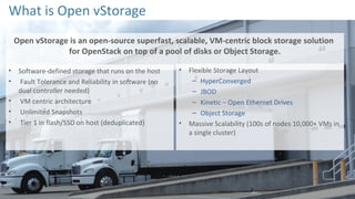 What is Open vStorage
Open vStorage is an open-source superfast, scalable, VM-centric block storage solution
for OpenStack on top of a pool of disks or Object Storage.
• Software-defined storage that runs on the host
• Fault Tolerance and Reliability in software (no
dual controller needed)
• VM centric architecture
• Unlimited Snapshots
• Tier 1 in flash/SSD on host (deduplicated)
• Flexible Storage Layout
– HyperConverged
– JBOD
– Kinetic – Open Ethernet Drives
– Object Storage
• Massive Scalability (100s of nodes 10,000+ VMs in
a single cluster)
 