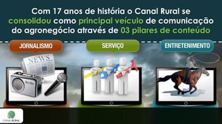 Com 17 anos de história o Canal Rural se
consolidou como principal veículo de comunicação
do agronegócio através de 03 pilares de conteúdo

 