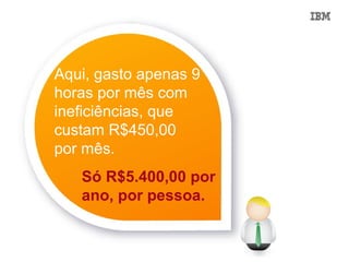 Aqui, gasto apenas 9
horas por mês com
ineficiências, que
custam R$450,00
por mês.
   Só R$5.400,00 por
   ano, por pessoa.
 