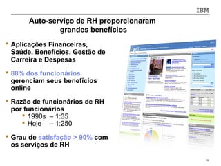 Auto-serviço de RH proporcionaram
               grandes benefícios
 Aplicações Financeiras,
  Saúde, Benefícios, Gestão de
  Carreira e Despesas
 88% dos funcionários
  gerenciam seus benefícios
  online
 Razão de funcionários de RH
  por funcionários
      1990s – 1:35
      Hoje – 1:250

 Grau de satisfação > 90% com
  os serviços de RH

                                           46
 