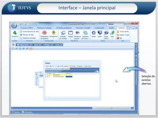 Integração de recursos gerenciaisInterface – Janela principalCadastros abertosdo jeito tradicional