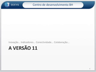 A versão 11Inovação... Indicadores... Conectividade... Colaboração...8Centro de desenvolvimento BH
