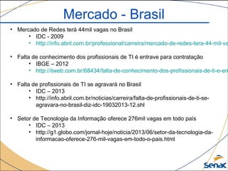 Mercado - Brasil
• Mercado de Redes terá 44mil vagas no Brasil
• IDC - 2009
• http://info.abril.com.br/professional/carreira/mercado-de-redes-tera-44-mil-va
• Falta de conhecimento dos profissionais de TI é entrave para contratação
• IBGE – 2012
• http://itweb.com.br/68434/falta-de-conhecimento-dos-profissionais-de-ti-e-en
• Falta de profissionais de TI se agravará no Brasil
• IDC – 2013
• http://info.abril.com.br/noticias/carreira/falta-de-profissionais-de-ti-se-
agravara-no-brasil-diz-idc-19032013-12.shl
• Setor de Tecnologia da Informação oferece 276mil vagas em todo país
• IDC – 2013
• http://g1.globo.com/jornal-hoje/noticia/2013/06/setor-da-tecnologia-da-
informacao-oferece-276-mil-vagas-em-todo-o-pais.html
 