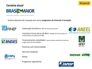 Sistema Nacional de Inovação tem vários programas de fomento à inovação
Cenário atual
Subvenção Econômica: Não há retorno financeiro
Incentivos Fiscais da Lei do Bem: redução em IR com base em
investimentos em projetos de P&D
Financiamentos subsidiados: taxas atrativas, período de carência,
longos prazos de amortização
Parcerias com Universidades
Recursos Estaduais
Bolsas
Programas regulatórios
 