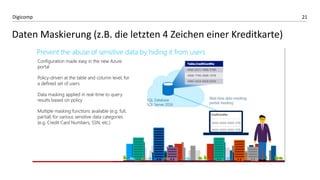 21Digicomp
Daten Maskierung (z.B. die letzten 4 Zeichen einer Kreditkarte)
 