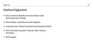 24Digicomp
Hochverfügbarkeit
 Drei synchrone Replikas für auto failover über
Domaingrenzen hinweg
 Round Robin Load Balancind der Replikas
 Automatischer Failover basierend auf Database Health
 DTC Unterstützung über Instanzen über Failover
Techniken
 SSIS Support
 