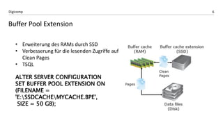 6Digicomp
Buffer Pool Extension
• Erweiterung des RAMs durch SSD
• Verbesserung für die lesenden Zugriffe auf
Clean Pages
• TSQL
ALTER SERVER CONFIGURATION
SET BUFFER POOL EXTENSION ON
(FILENAME =
'E:SSDCACHEMYCACHE.BPE',
SIZE = 50 GB);
 