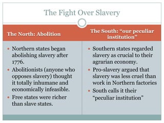 The Fight Over Slavery

                               The South: “our peculiar
The North: Abolition
                                     institution”

 Northern states began        Southern states regarded
  abolishing slavery after      slavery as crucial to their
  1776.                         agrarian economy.
 Abolitionists (anyone who    Pro-slavery argued that
  opposes slavery) thought      slavery was less cruel than
  it totally inhumane and       work in Northern factories
  economically infeasible.     South calls it their
 Free states were richer       “peculiar institution”
  than slave states.
 