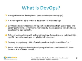  Fusing of software development (Dev) with IT operations (Ops)

 A maturing of the agile software development methodology
 DevOps unites developers and IT operations to release high quality code into
solidly performing environments more rapidly than is possible with traditional
developer-to-ops handoffs.

 Solves a basic problem with agile methodology: Producing new code is of little
use if it cannot be deployed on reliable infrastructure.
 Growing in popularity: 63% of developers have implemented DevOps.*
 Faster code: High-performing DevOps organizations can ship code 30 times
faster with 50% fewer failures.*

* Source: 2013 State of DevOps Report – IT Revolution Press (Surveyed of
more than 4,000 developers surveyed in 90 countries)

2

 