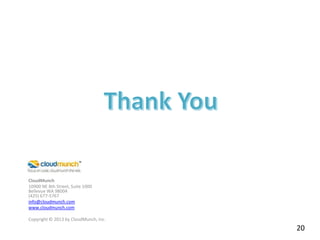 CloudMunch
10900 NE 8th Street, Suite 1000
Bellevue WA 98004
(425) 677-5767
info@cloudmunch.com
www.cloudmunch.com
Copyright © 2013 by CloudMunch, Inc.

20

 
