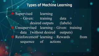 Types of Machine Learning
❖ Supervised learning
– Given: training data +
desired outputs (labels)
❖ Unsupervised learning – Given: training
data (without desired outputs)
❖ Reinforcement learning – Rewards from
sequence of actions
 