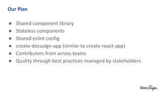Our Plan
● Shared component library
● Stateless components
● Shared eslint config
● create-docusign-app (similar to create-react-app)
● Contributors from across teams
● Quality through best practices managed by stakeholders
 