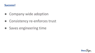 Success!
● Company wide adoption
● Consistency re-enforces trust
● Saves engineering time
 