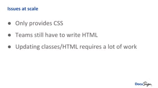 Issues at scale
● Only provides CSS
● Teams still have to write HTML
● Updating classes/HTML requires a lot of work
 