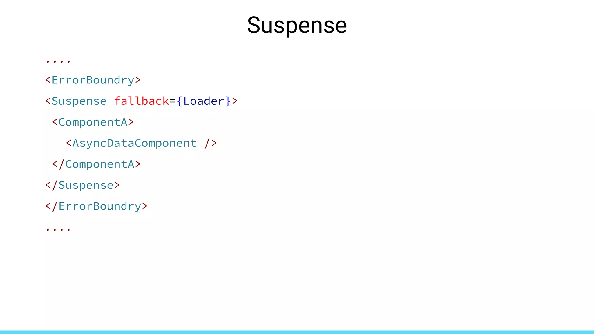 Suspense
....
<ErrorBoundry>
<Suspense fallback={Loader}>
<ComponentA>
<AsyncDataComponent />
</ComponentA>
</Suspense>
</ErrorBoundry>
....
 
