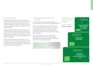 Aviva’s road to reform 13
2. Ban Referral Fees
Referral fees add a significant level of cost into motor claims,
but from a customer’s point of view, add nothing. They exist to
incentivise claims, and demonstrate how third parties such as
some claims management companies, view motor claims not as
an opportunity to help the customer, but instead to profit at the
customer’s expense.
We believe that the referral fee ban on personal injury claims
should be extended to all parts of the motor claims process. The
focus in every motor claim should be on restoring the customer
and their vehicle to the position they previously enjoyed – not on
adding cost into the system that lines third parties pockets at the
expense of the customer.
Banning referral fees will help save around £200m, or £7 off
every motorist’s premium. Moreover, customers will not notice
any difference to how their claim is handled – referral fees add
nothing but cost and so banning them removes this cost without
affecting the customer’s claims experience.
3. Raise the small claims track limit
to £5,000
The threshold at which lawyers typically get involved in minor
injury compensation claims - £1,000 - has not changed since 1999.
Aviva wants to see this threshold increase to £5,000. This is
in the customer’s interest for two reasons: first, the legal fees
in these straight-forward cases can’t be justified as Aviva’s
claims compensation data shows: we paid at least as much
compensation to claimants who came to us directly, as to those
who used a solicitor.
Second, many consumers are unaware that new rules
allow lawyers to take up to 25% of a successful claimant’s
compensation. By coming direct to the at-fault insurer they can
keep 100% of the compensation rewarded.
Raising the small claims track limit to £5,000 will
save approximately £300m in legal costs annually,
or £11 on the average premium.
Whiplash
(net savings for cost of
implementing rehabilitation care
not cash)
£900m/£32
Ban all existing
referral fees /
incentives
£200m
/£7
Small claims
track limit
£300m/£11
What the financial
benefits will be
for drivers
Industry savings /
Premium savings
97041280.indd 13 22/07/2014 08:53
 