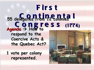 First Continental Congress  (1774)‏ 55 delegates from 12 colonies Agenda     How to respond to the Coercive Acts & the Quebec Act? 1 vote per colony represented. 